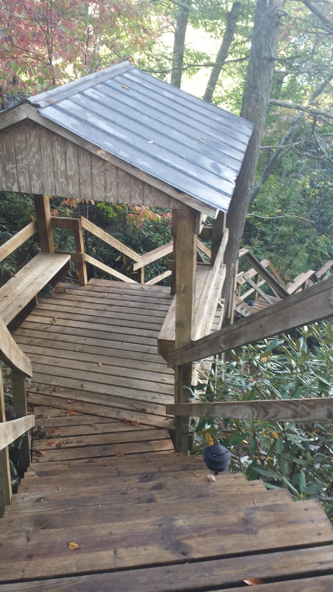 Metal roofed shelter over wooden steps on a wooded walkway — Skylight Repair & Installation work by our crew in Gunter